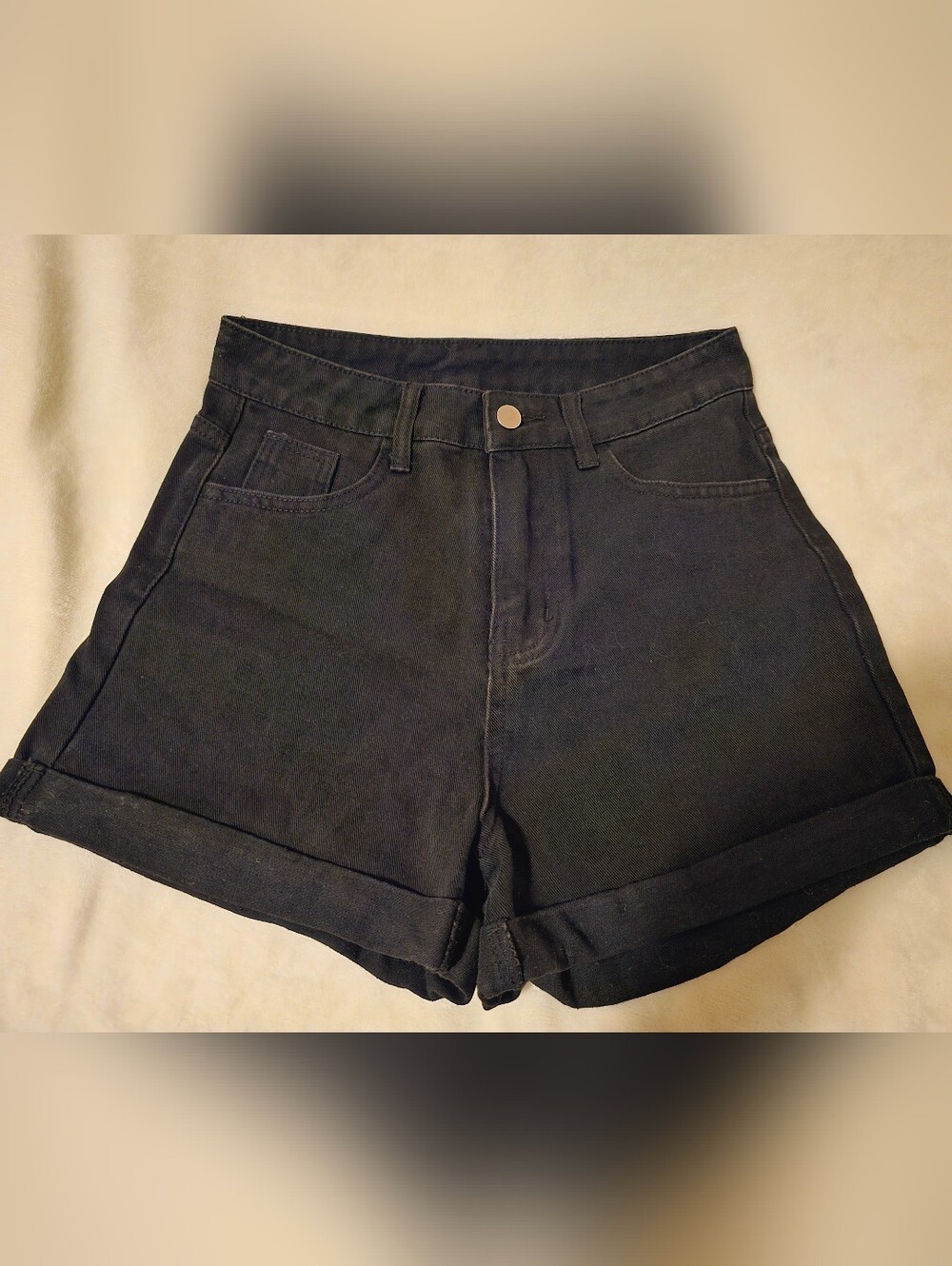 SHEIN Black High-Waist Rolled-Hem Denim Shorts